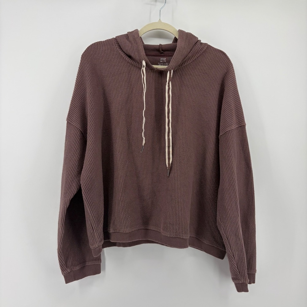 Aerie‎ Womens XXL Mauve Brown Hoodie Ribbed Cotton Relaxed Pullover Casual